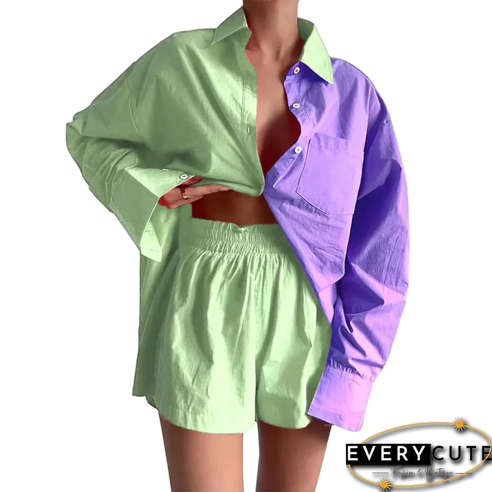 Purple Contrast Button Pocket Shirt and Short Lounge Set