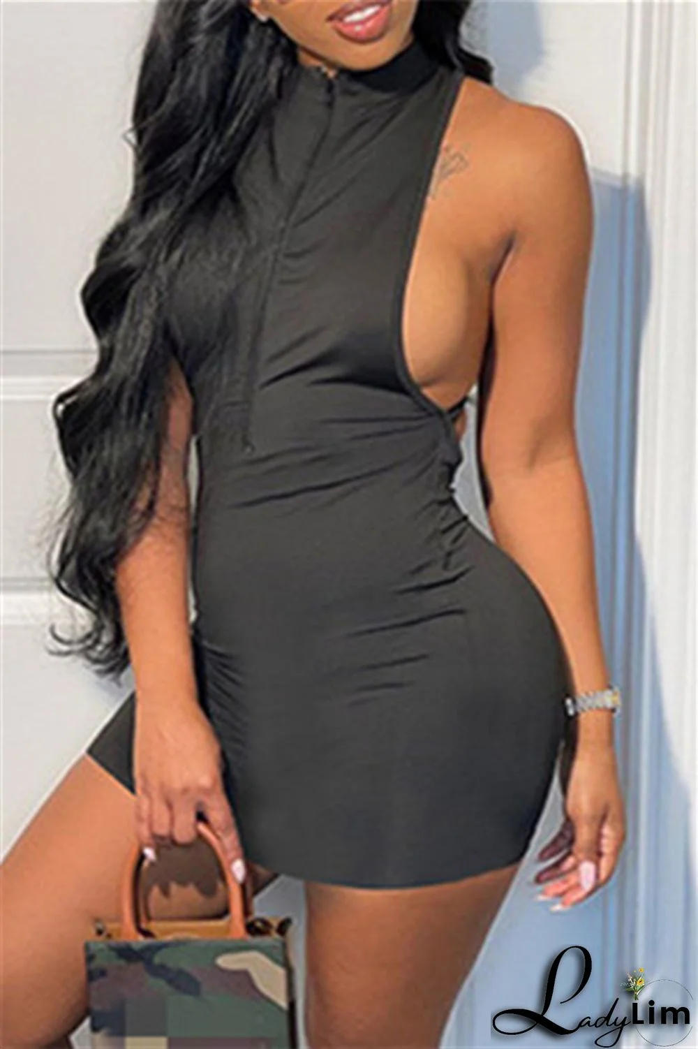 Black Sexy Casual Solid Backless Zipper Collar Sleeveless Dress Dresses