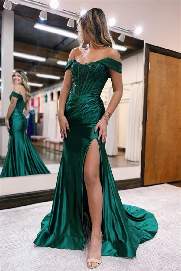Oknass Stunning Green Off the Shoulder Sleeveless Mermaid Pleated Long Prom Dress With Split