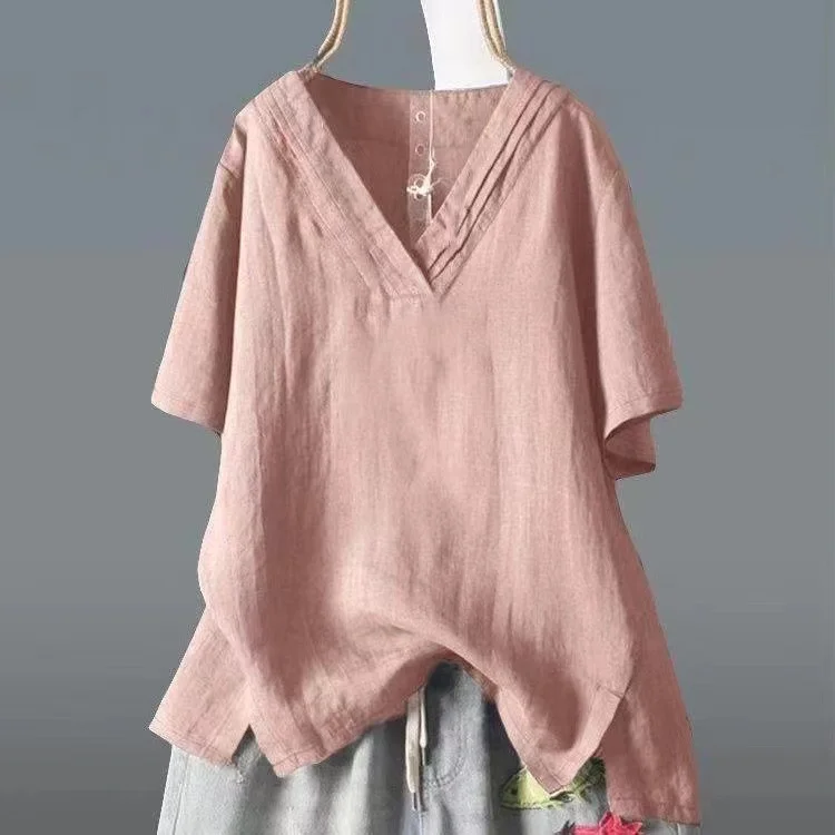 Women's Summer Solid Blouse Top Cotton Linen V-Neck Short Sleeve Shirt Top