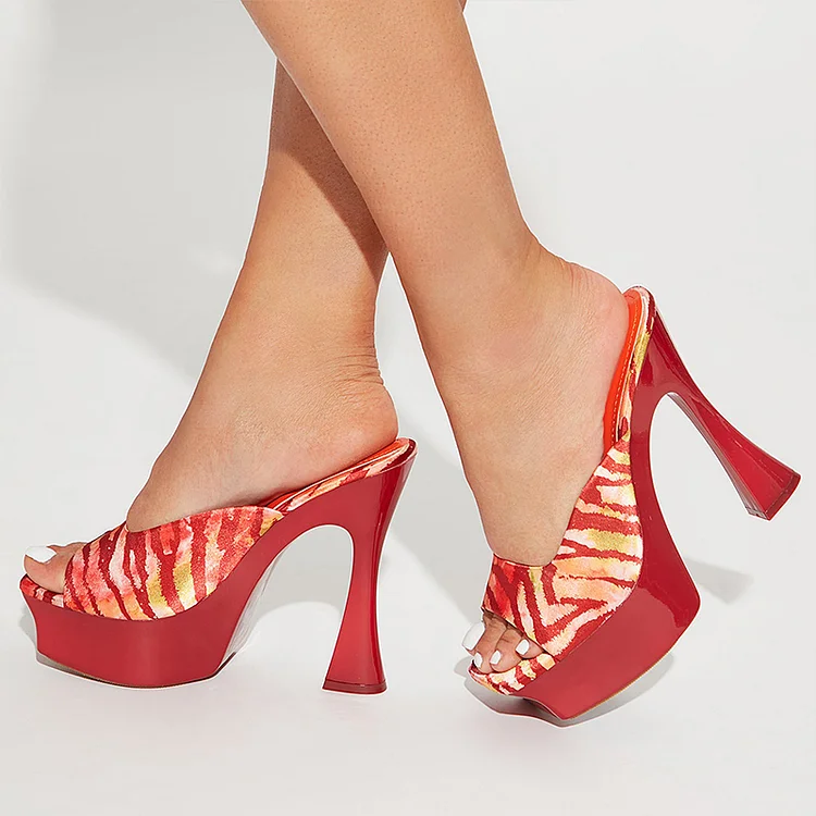 Red Square Toe Platform Mules Women's Flared Heel Printed Shoes |FSJ Shoes