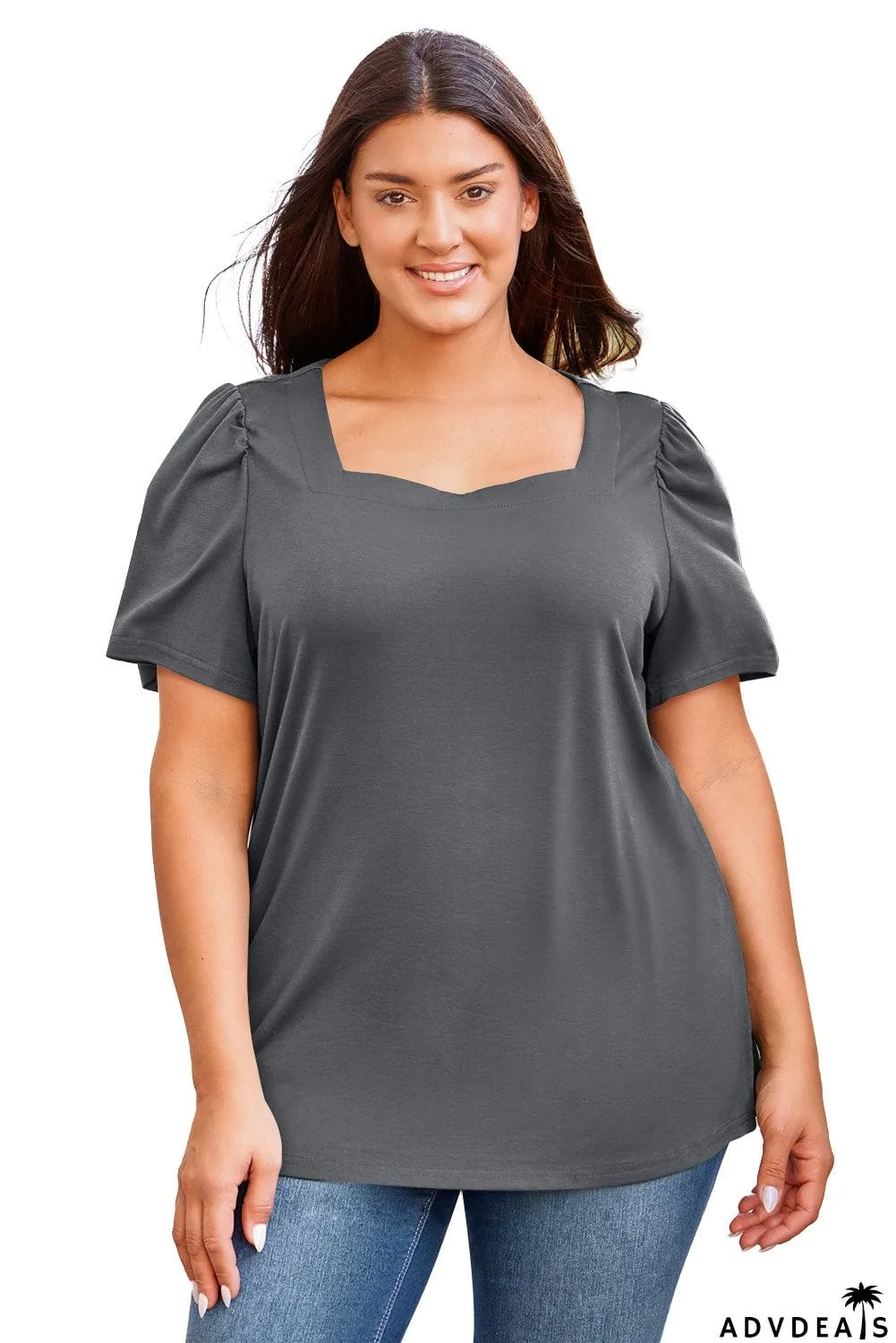 Plus Size Square Neck Puff Sleeve Tee