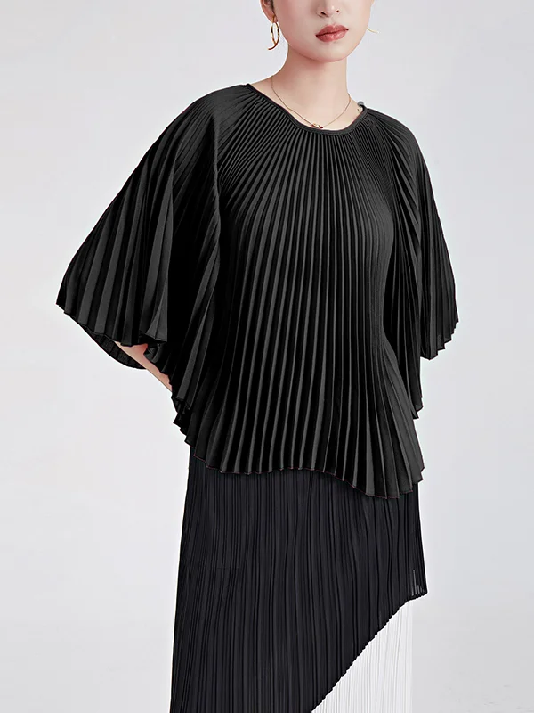 Solid Color Pleated Loose Batwing Sleeves Round-Neck T-Shirts Tops