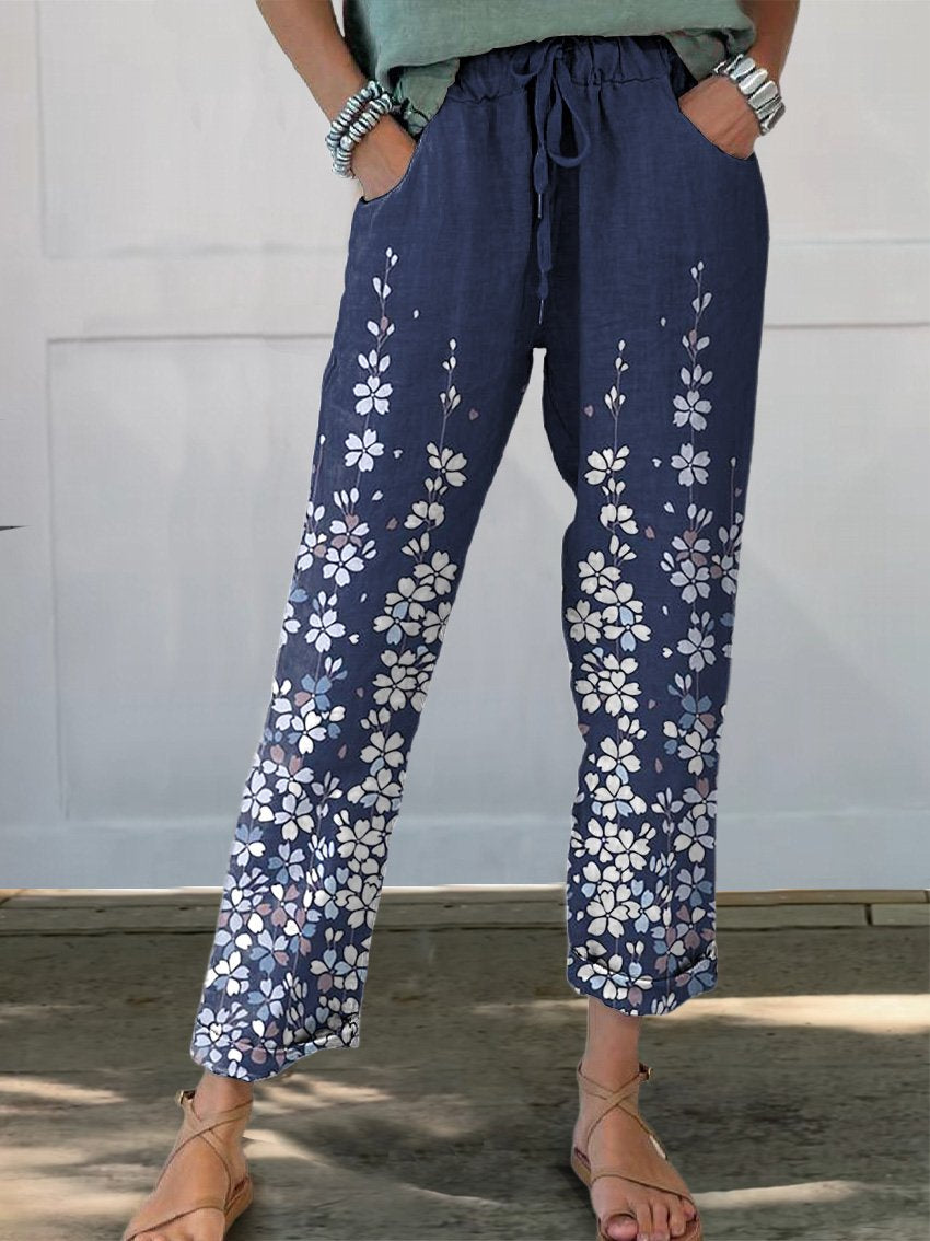 White Cherry Blossom Pattern Printed Women's Printed Cotton And Linen Casual Pants