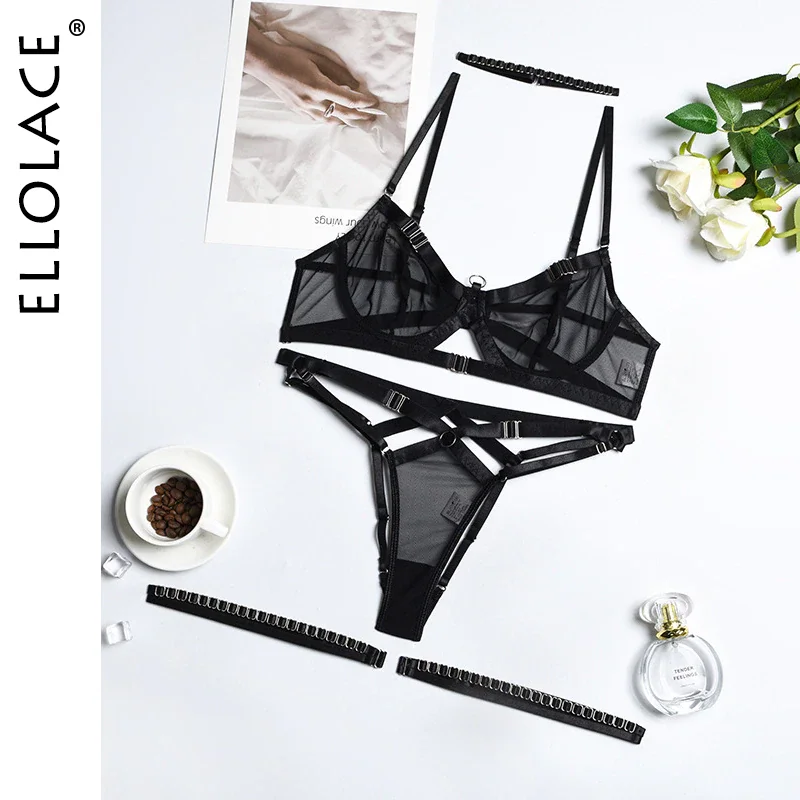 Billionm Ellolace Sensual Erotic Lingerie Patchwork Exotic Sets 4-Pieces Lace Open Crotchless Thongs Whuta Sexy Sheer Bilizna Set