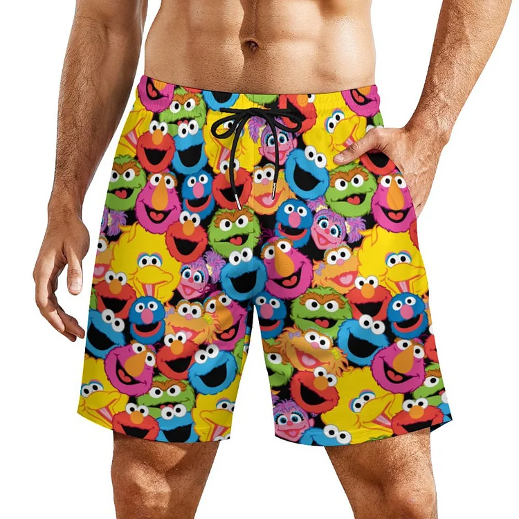 Summer Funny Sesame Print Character Eyes Faces Men Mesh Swim Trunks Drawstring Waist Running Bathing Board Beach Shorts - Heather Prints Shirts