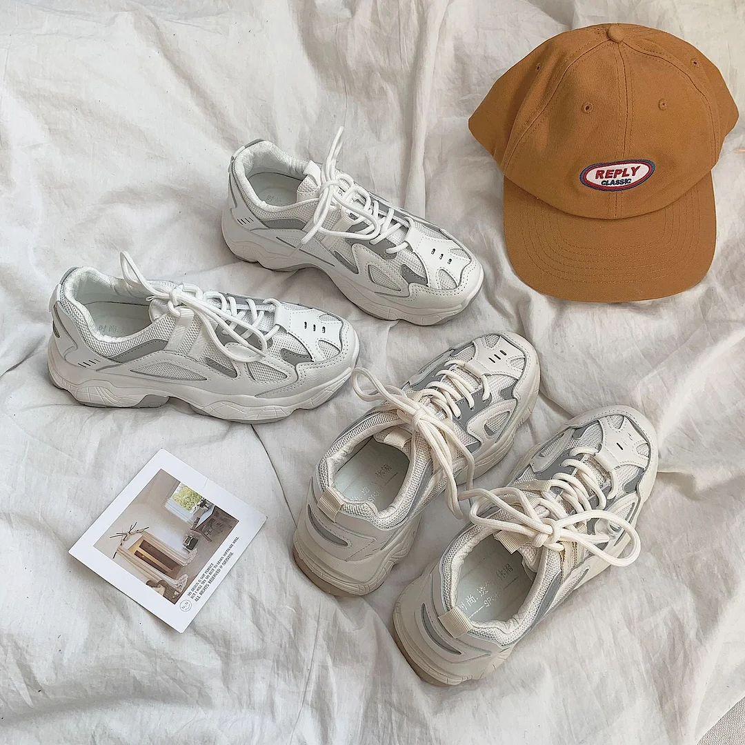 Women Sneakers Fashion Mesh Chunky Sneakers Casual Shoes Autumn Reflective Comfortable Thick Sole White Dad Flats Platform Shoes