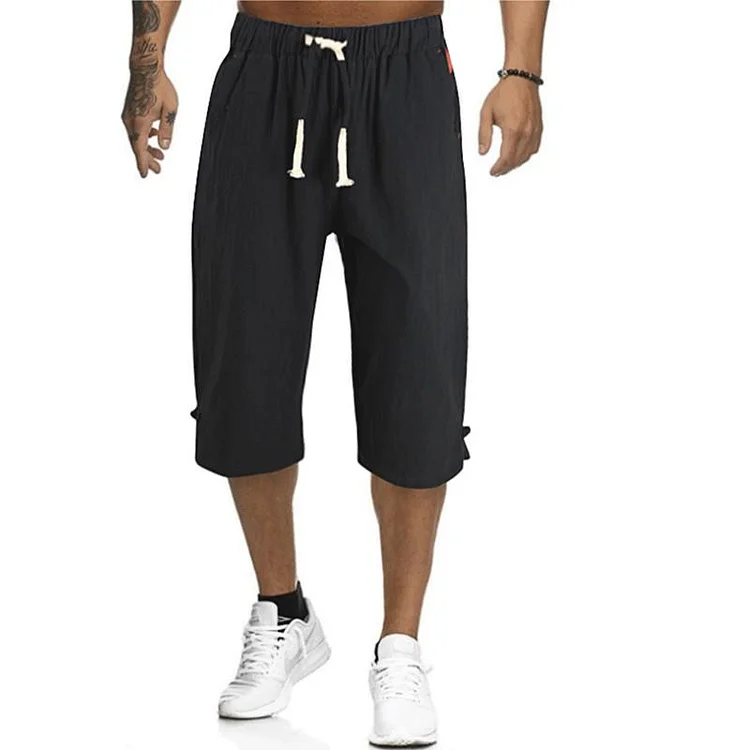 Men's Linen Casual Pants Sports Shorts Solid Color Straight Leg Cropped Pants