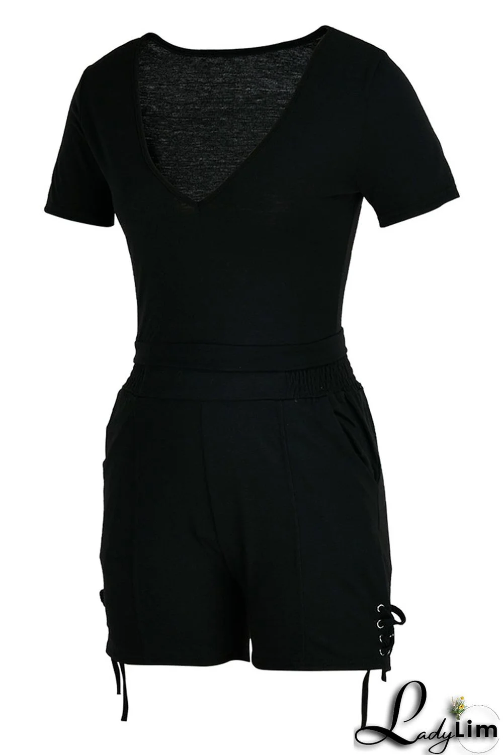 Black Fashion Casual Solid Bandage V Neck Short Sleeve Two Pieces