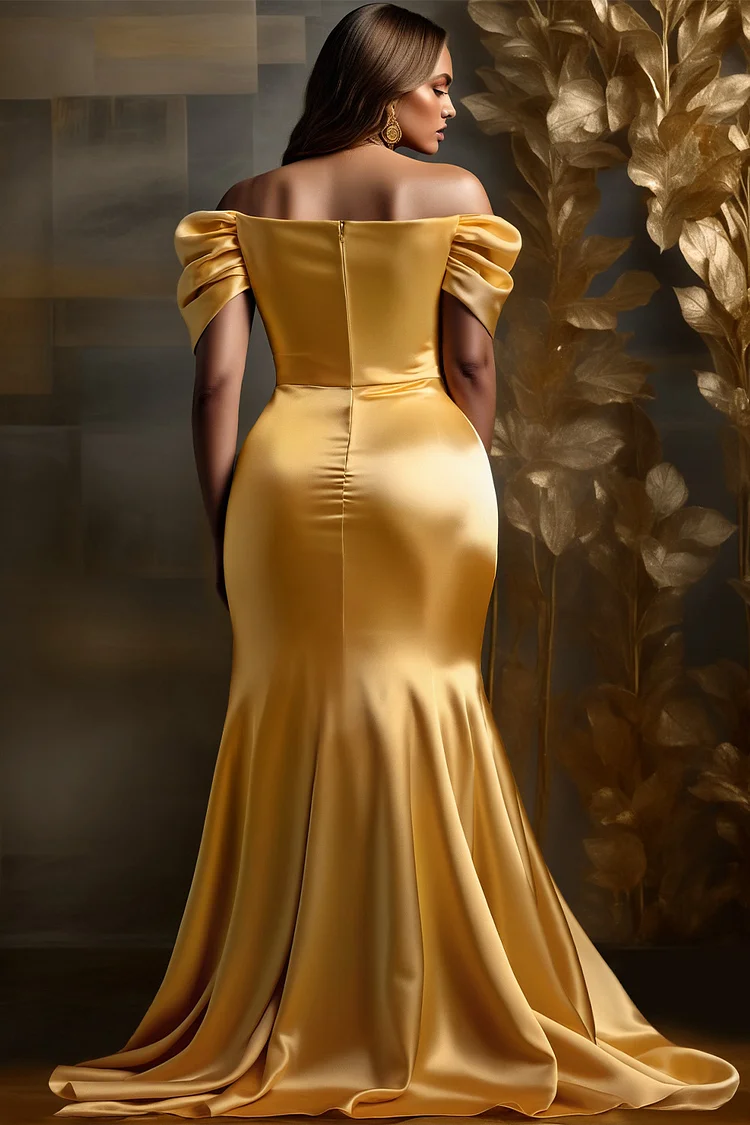 Xpluswear Design Plus Size Formal Elegant Gold Off The Shoulder Short Sleeve Split Pleated Satin Maxi Dresses