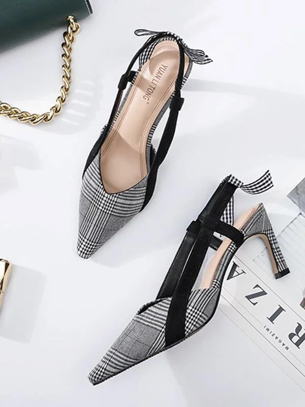 Small pointed toe plaid fashion high-heeled bowknot women's sandals