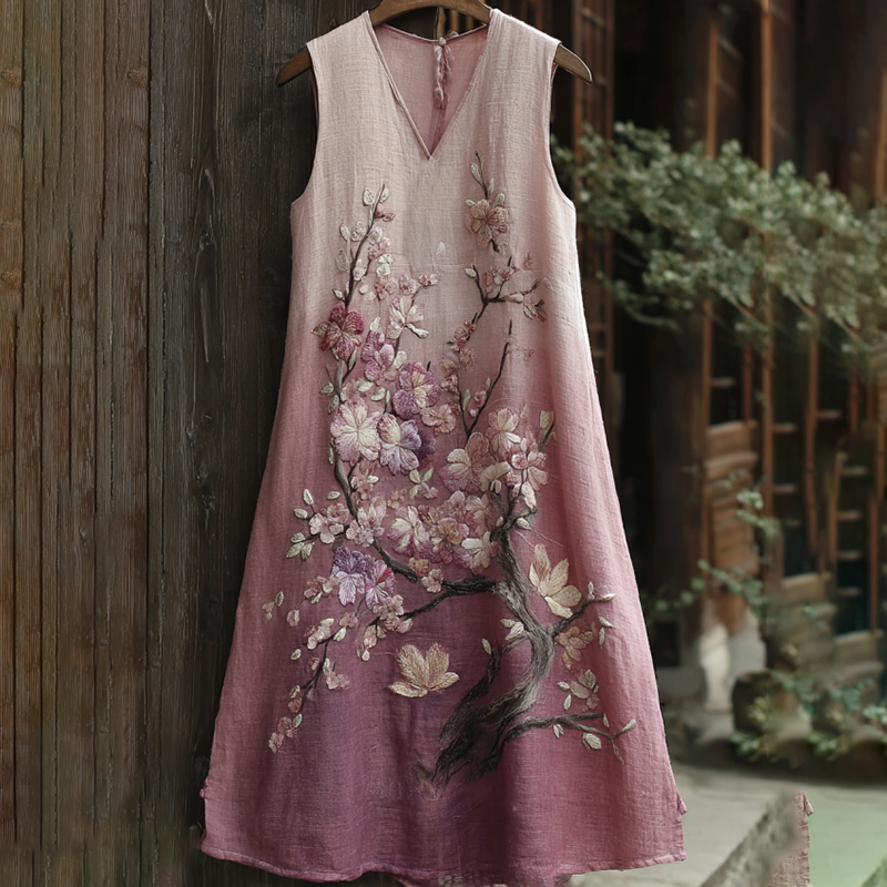 Women's Plum Blossom Embroidery Art V Neck Comfy Midi Dress