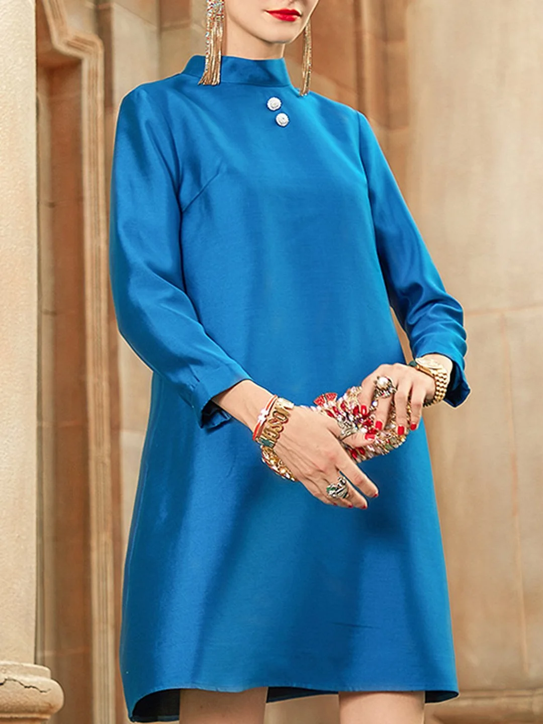 Stand Collar Blue Shift Elegant Mini Dress