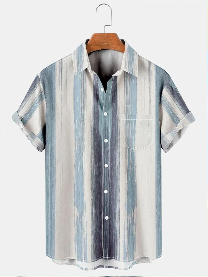 Men's Geometric Stripe Print Hawaiian Short Sleeve Shirt