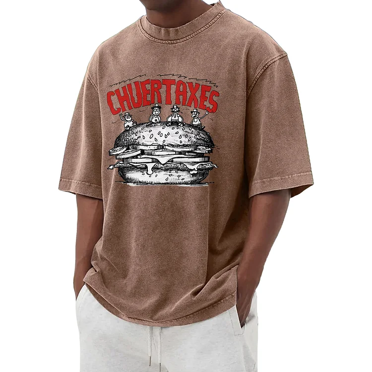 Funny hamburger graphic washed T-shirt 004