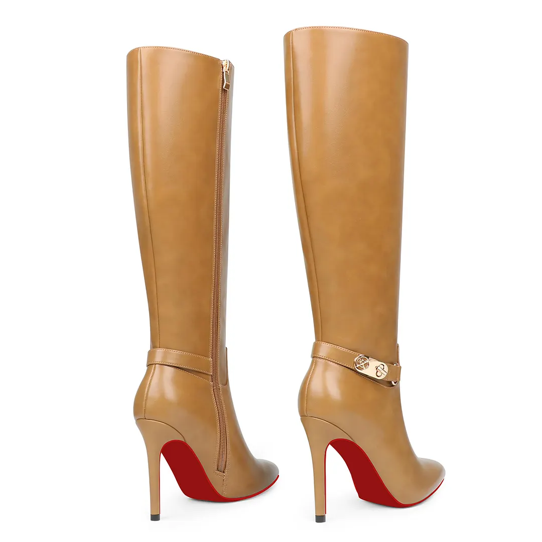 100mm Fashion Zipper Red Bottoms High Heels Metal Buckle Knee Boots-vocosishoes