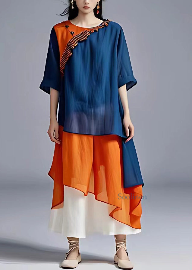 VCSHOES Loose Blue O-Neck Patchwork Chiffon Long Dress Summer