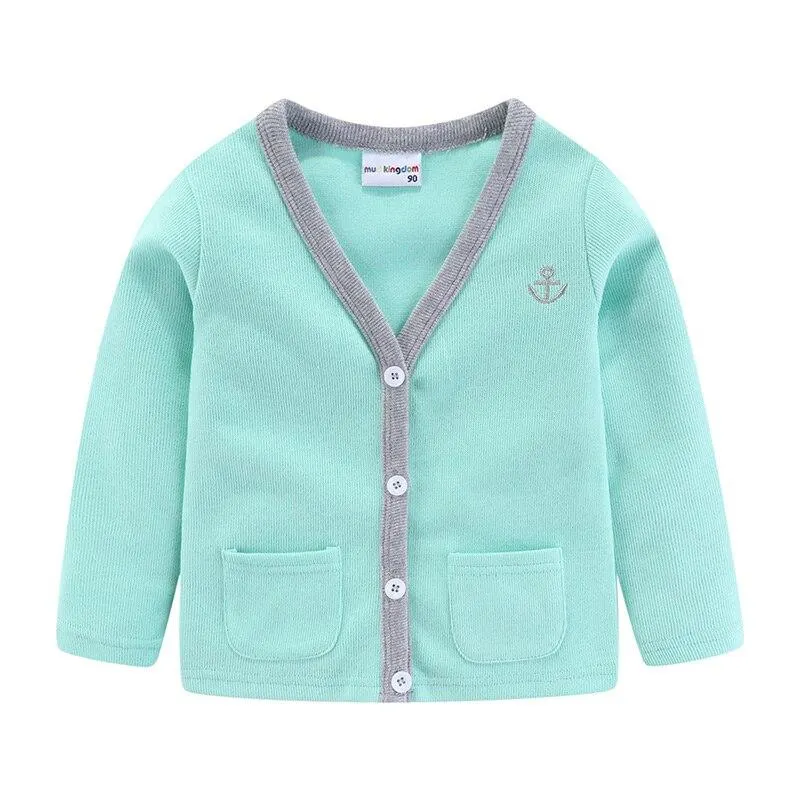Mudkingdom Children Knit Cardigan Anchor Embroidery V-Neck Spring Autumn Sweater Baby Boy Clothes Winter