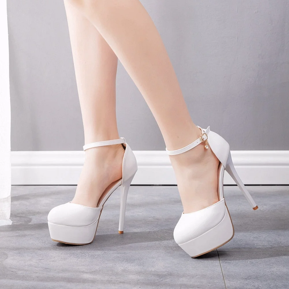 14 cm waterproof platform high-heeled shoes with thin heels and round heads white high-heeled wedding shoes trade plus size