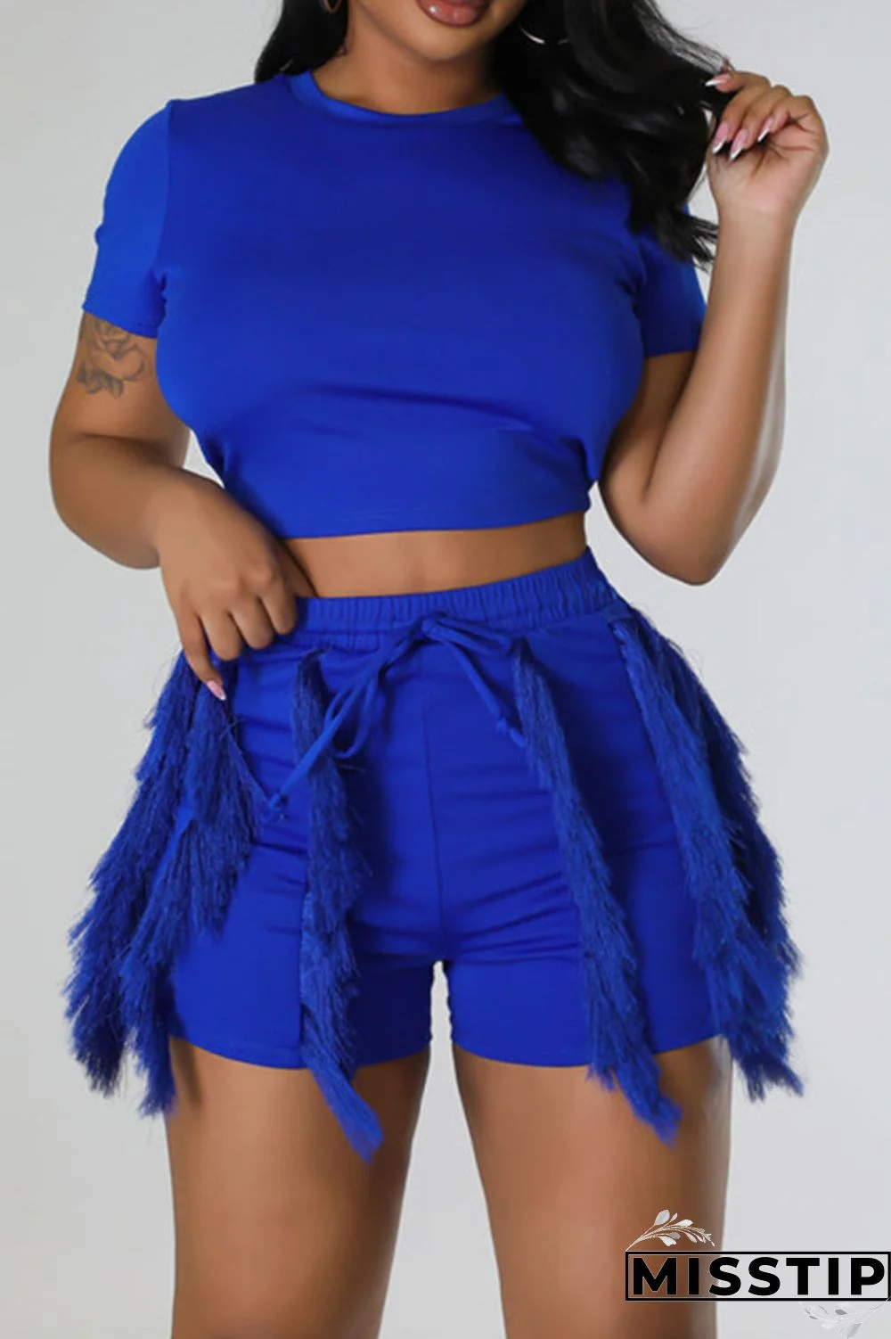 Blue Casual Solid Tassel Patchwork O Neck Short Sleeve Two Pieces