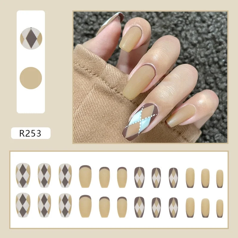 24Pcs/Set French Rhombus Designs False Nail Full Cover Fake Nails with Glue Detachable Wearable DIY Manicure Nail Art Tools-Nail Inspo