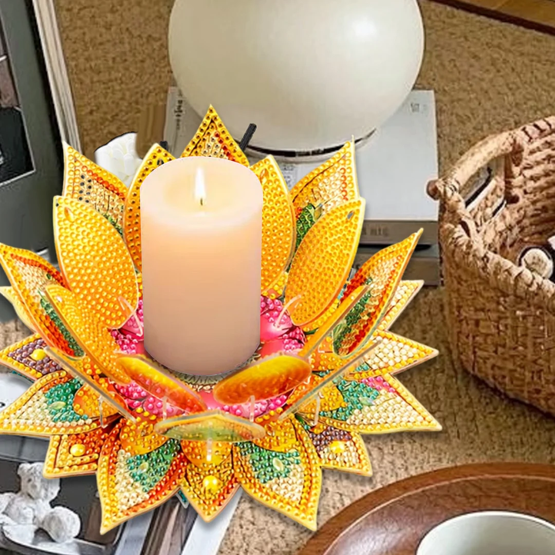 5D DIY Diamond Art Painting DIY Acrylic Desktop Ornament Flower Candle Holders Tealight Handmade Home Office Decor for Adults Beginners (Yellow Lotus)