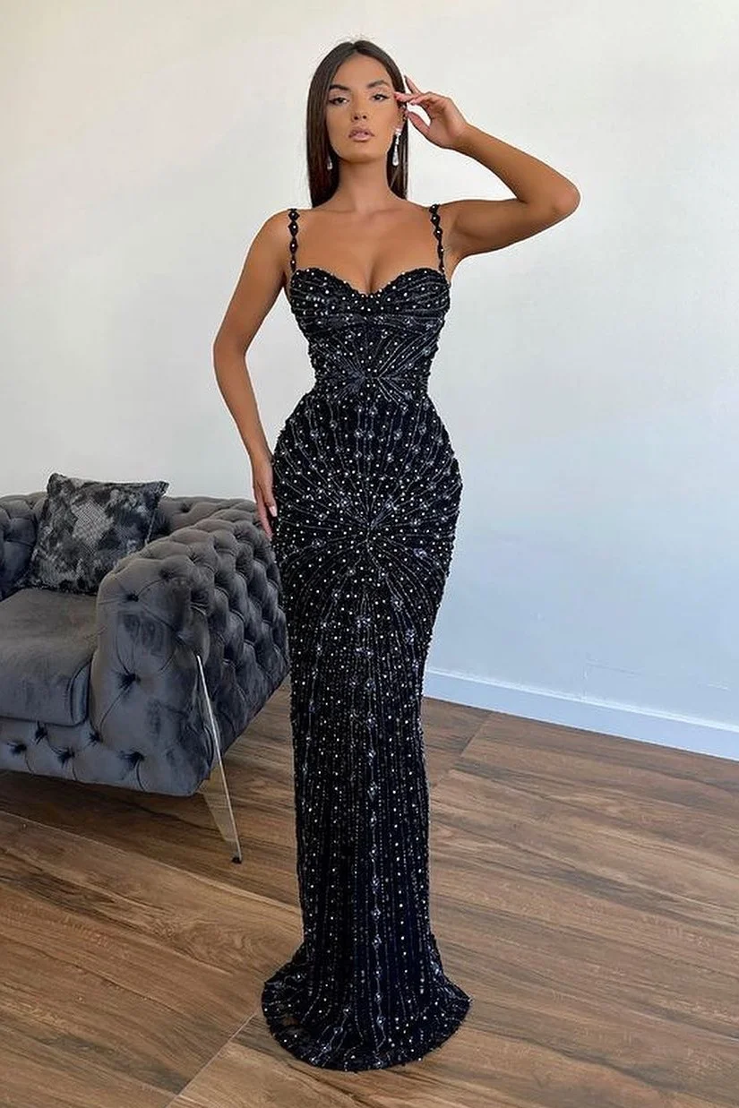 Fabulous Black Spaghetti Straps Sweetheart Prom Dress With Beads | Ballbellas Ballbellas