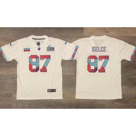 Men's Kansas City Chiefs #87 Travis Kelce White Super Bowl LVII Patch Vapor Untouchable Limited Stitched Jersey 1MZL