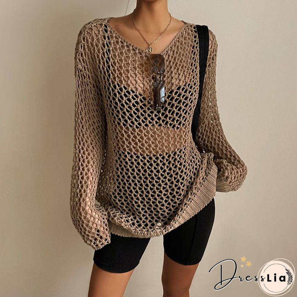 Aesthetic T Shirt Y2k Women Hollow Out Long Sleeve Tops Casual Grunge Fairy Core Tee Loose Cover Up Beach Clothes