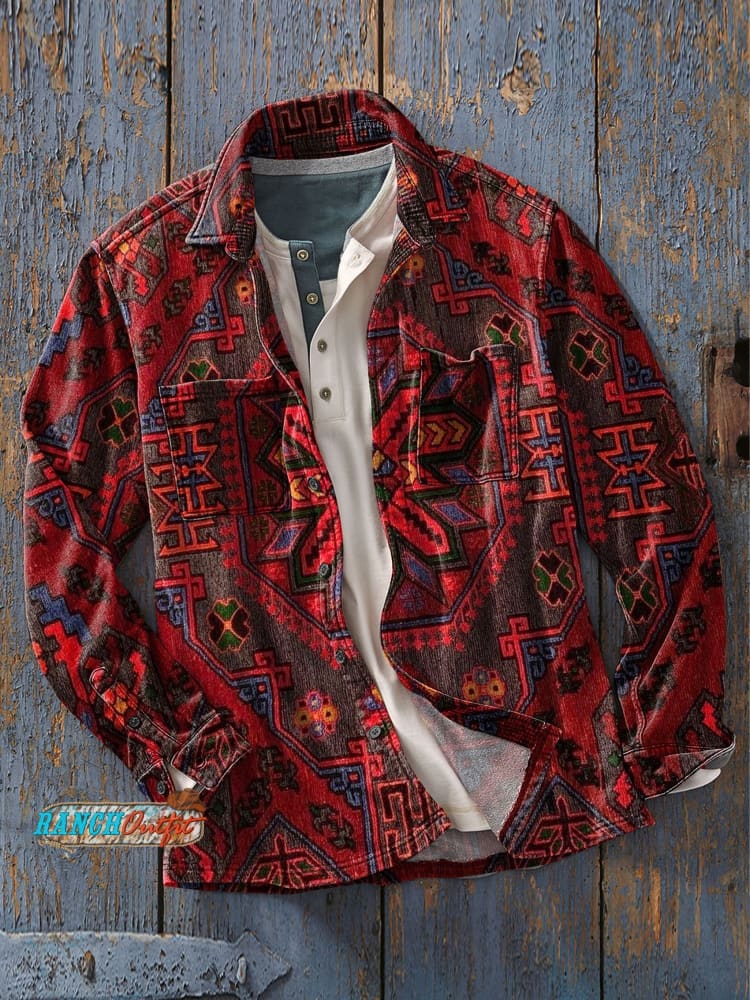 Men’s Retro Abstrct Ethic Print Casual Long Sleeve Shirt As Picture / S