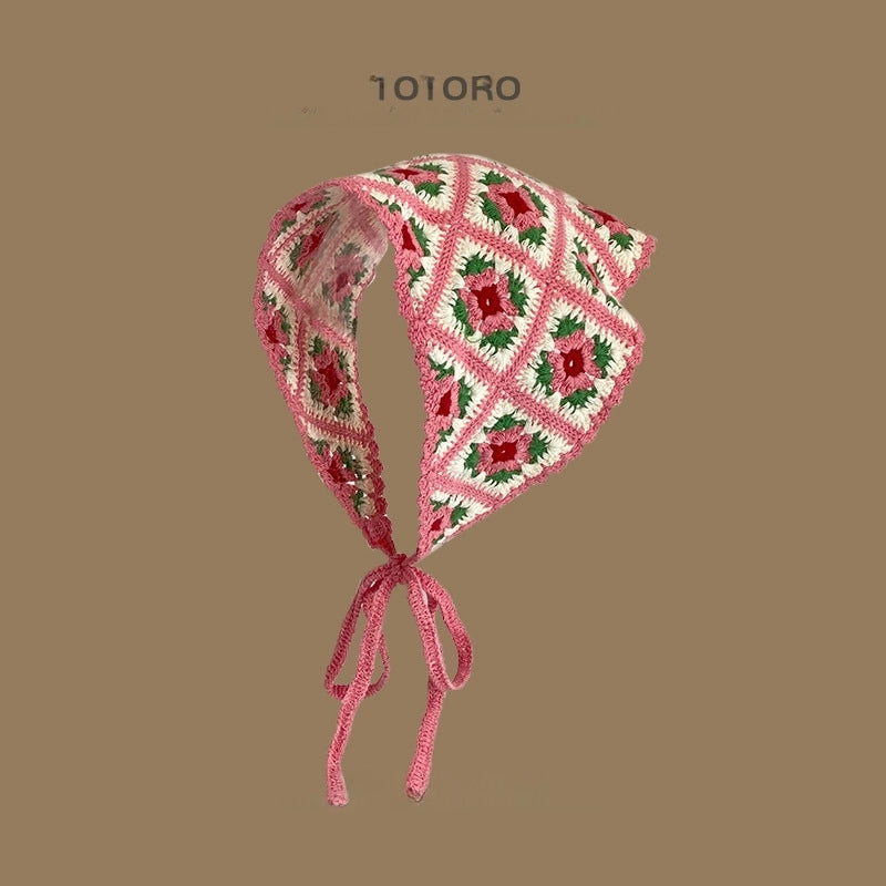 French Retro Turban Women’s Triangle Scarf Hair Belt Spring And Summer Travel Sweet Cute Handmade Crochet Artistic Style Baotou Hat