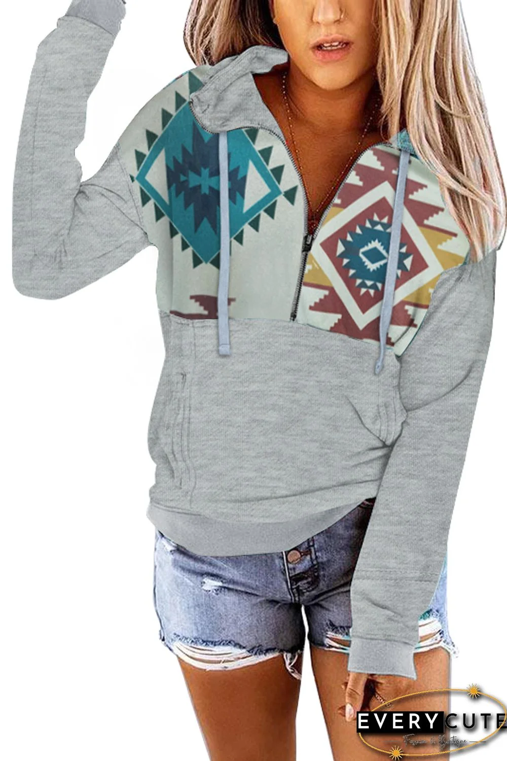 Gray Aztec Print Half Zip Sweatshirt