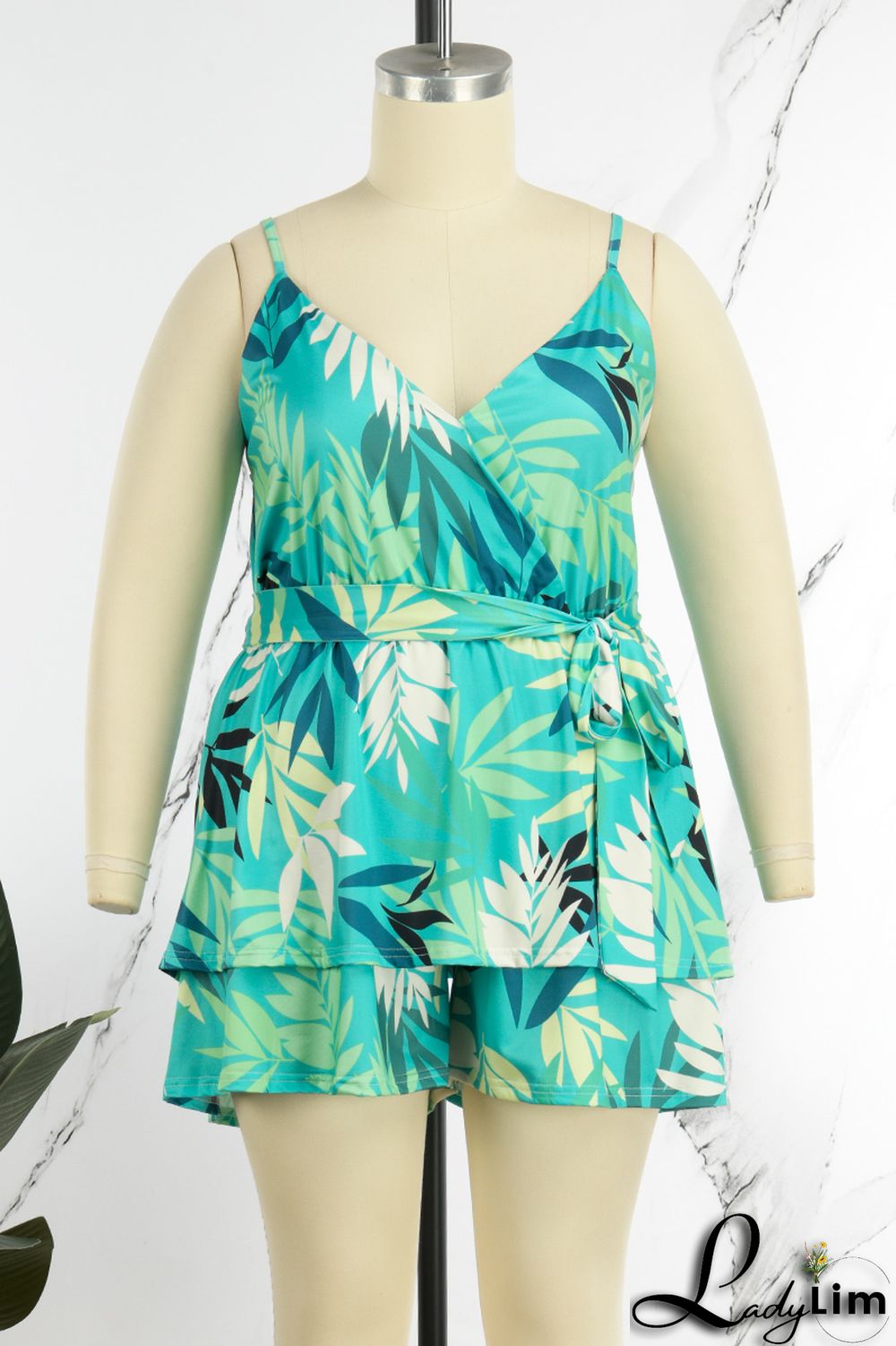 Blue Casual Print Patchwork Spaghetti Strap Plus Size Two Pieces
