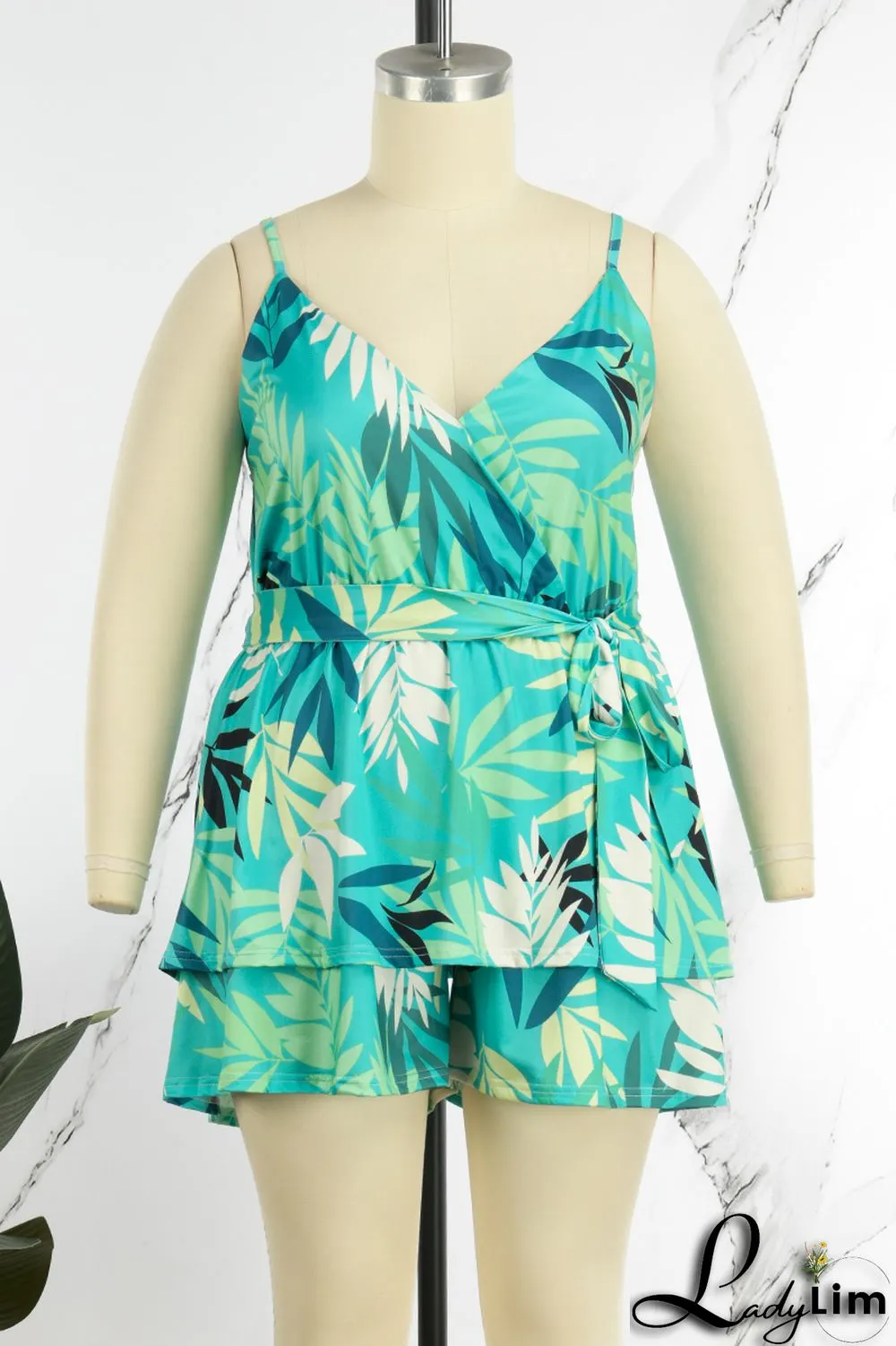 Blue Casual Print Patchwork Spaghetti Strap Plus Size Two Pieces