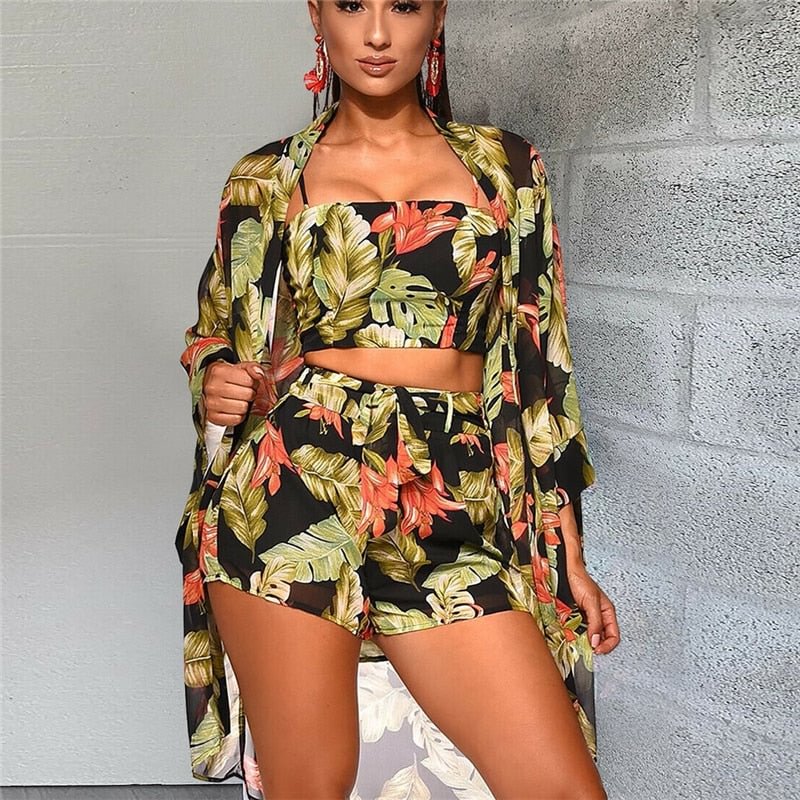 Summer New Women Boho 3Pcs Floral Print Cardigan Blouse+Crop Top+Shorts Lady Holiday Beach Three Pieces Set Casual Shorts Sets