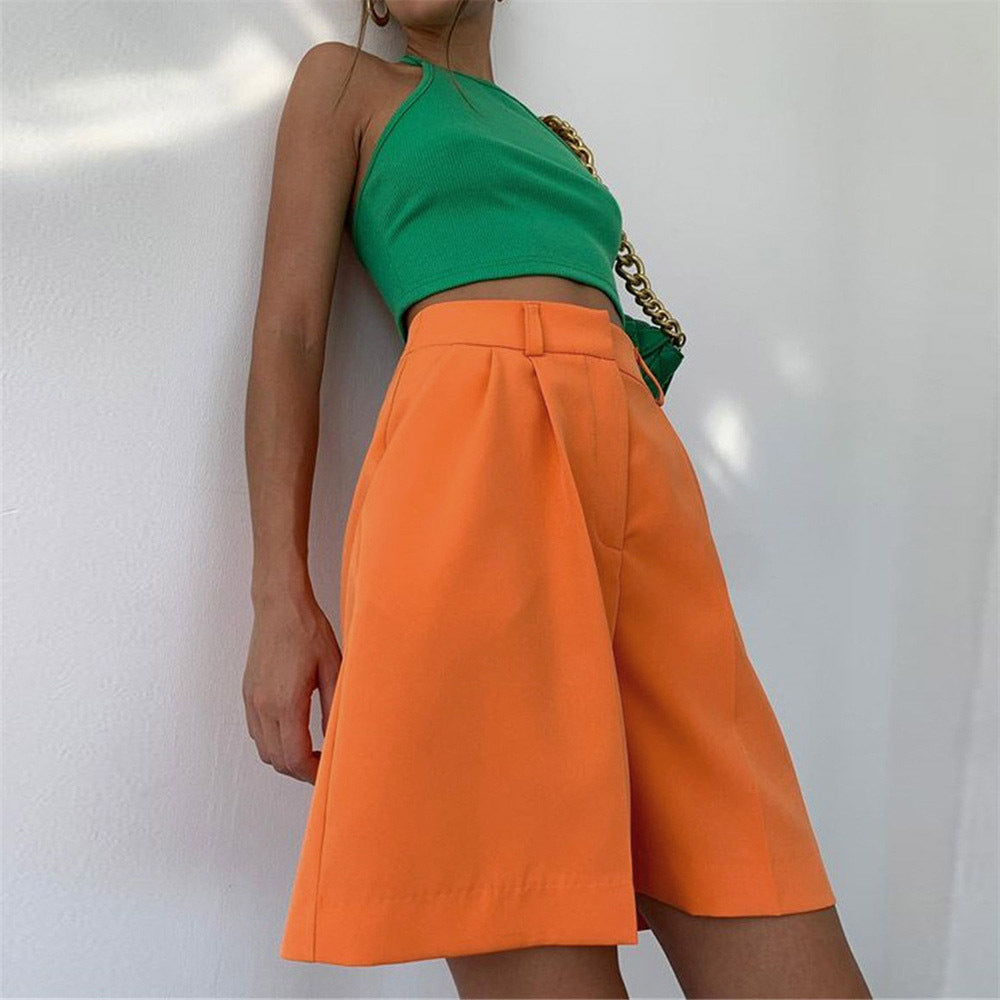 Summer  Shorts Women Flanging Pocket Zipper Hidden Hook Solid Color Casual Pants Straight  Blazer Shorts