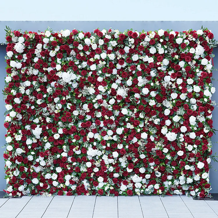 A7776 5D Red White Rose Green Leaf Wedding Decor Roll Up Cloth Floral Wall