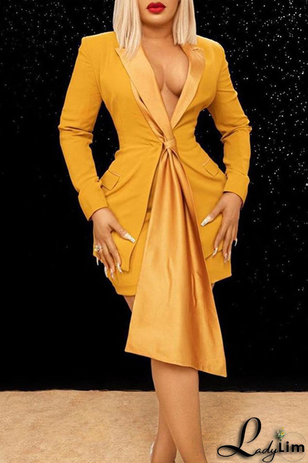 Blue Sexy Solid Split Joint Turn-back Collar Long Sleeve Two Pieces