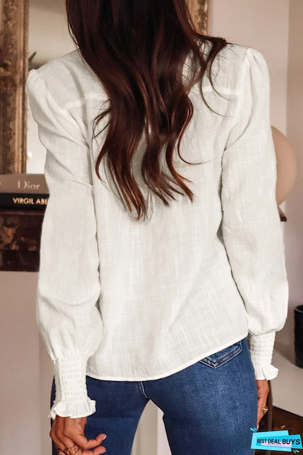 Floral Embroidered Shirred Sleeve Elegant Shirt