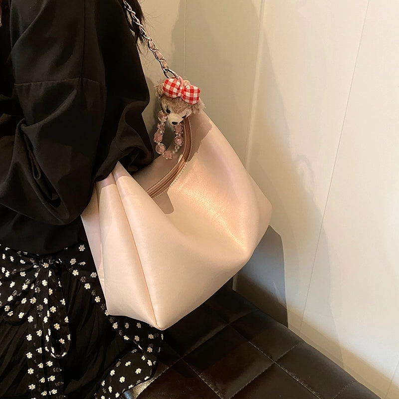 Women’s Medium Pu Leather Solid Color Basic Classic Style Sewing Thread Pillow Shape Zipper Tote Bag