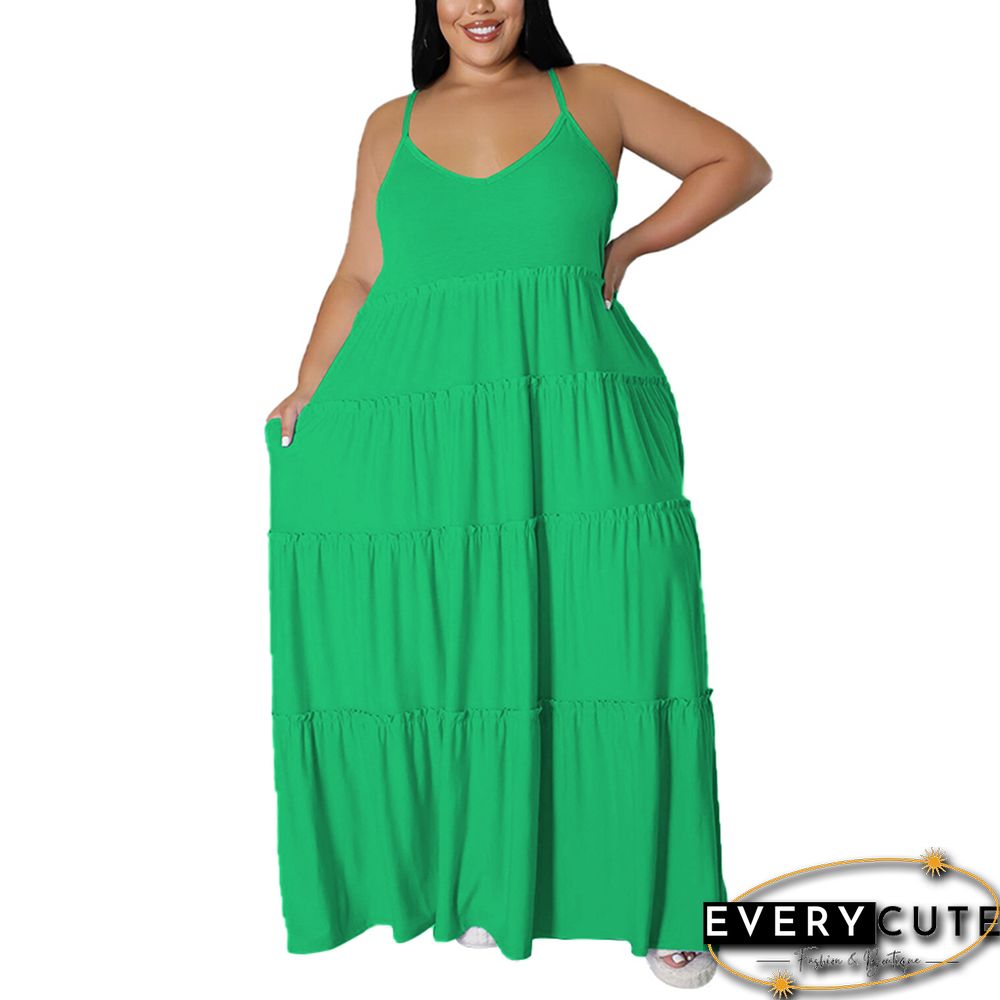 Green Pocket Casual Plus Size Long Dress