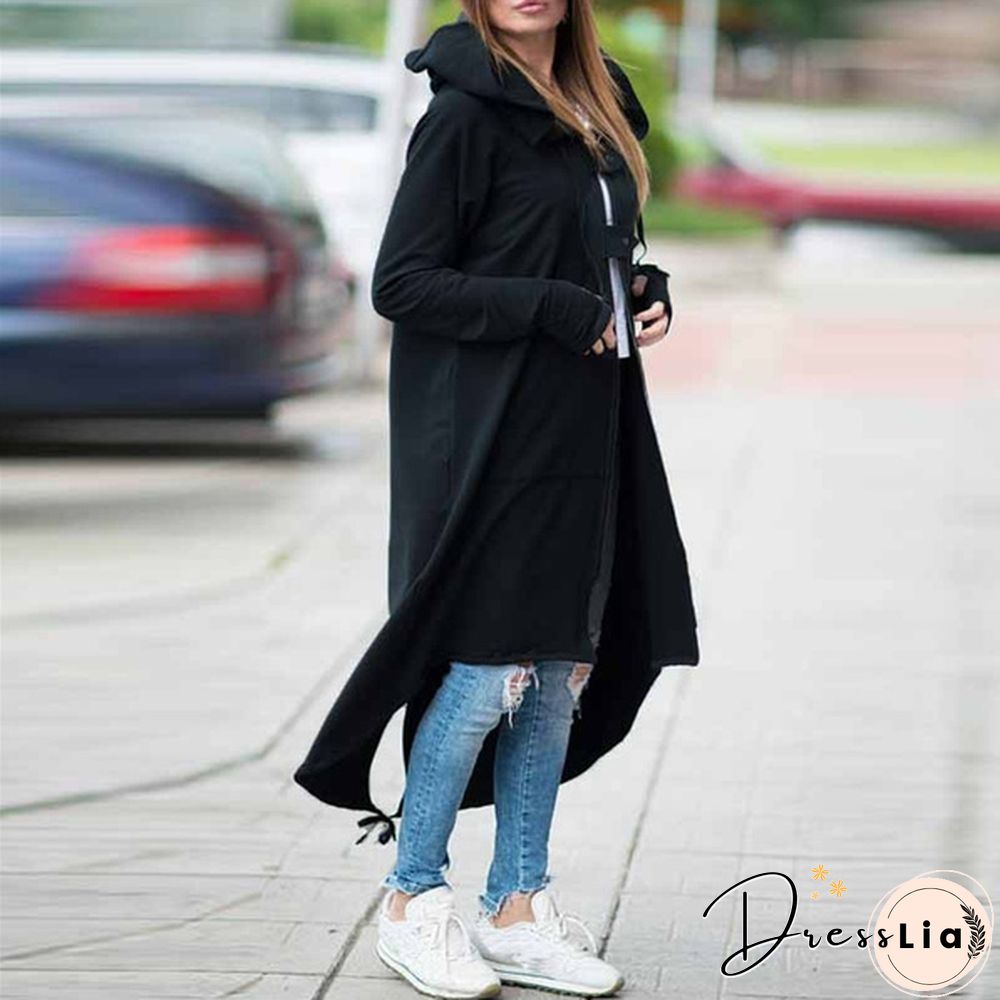 Oversize Women Hooded Long Sleeve Zip-up Asymmetric Hem Long Hoodie Coat Jacket Outwear