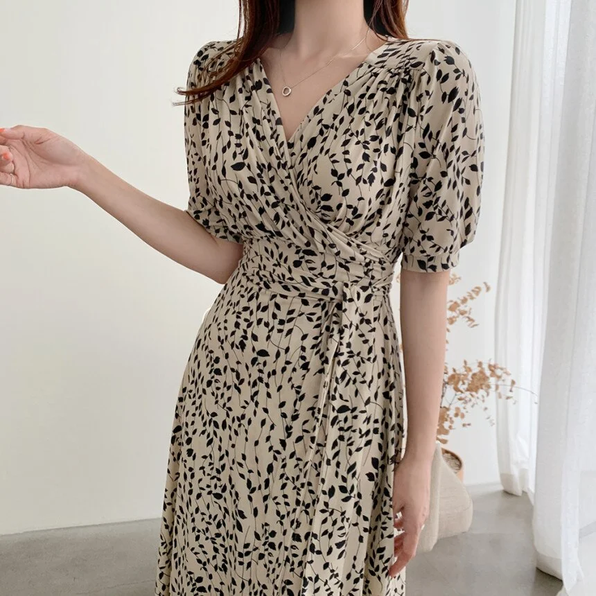 Korea Style Summer Print Floral Dress Women V Neck Short Sleeves Chiffon Bohemian Dresses Beach Midi Female Wrap Dress