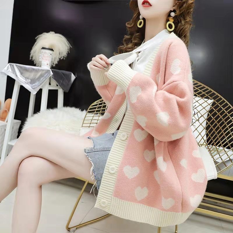 New 2025 Sweet Love Knitted Cardigan Women Kawaii Pink Cardigans Japanese Autumn Winter V-neck Sweater Jacket Woman