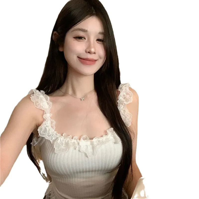 Uveng Uveng Lace Lace Sleeveless Knitted Sling Vest Summer Pure Hot Girl Repair Short Coat Wear
