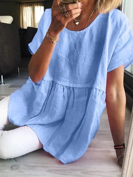 Women Crew Neck Short-Sleeved Summer Casual Solid Color Linen Cotton Tops Loose Blouses