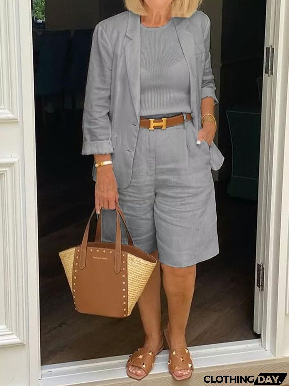 Casual Long Sleeve Coat and Shorts Two-piece Set