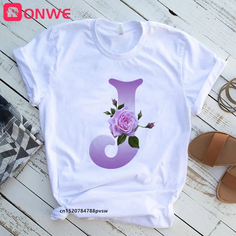 Women's Custom Name Rose Letter Combination Printing T-shirt Flower Letter Font A B C D E F G Short sleeve Tshirt,Drop Ship