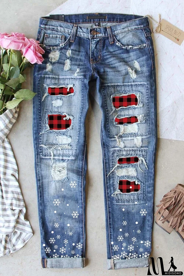 Buffalo Plaid Patch Christmas Snowflake Distressed Straight Jeans