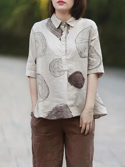 Ramie Cotton Roomy Annual Ring Pattern Shirt Tops
